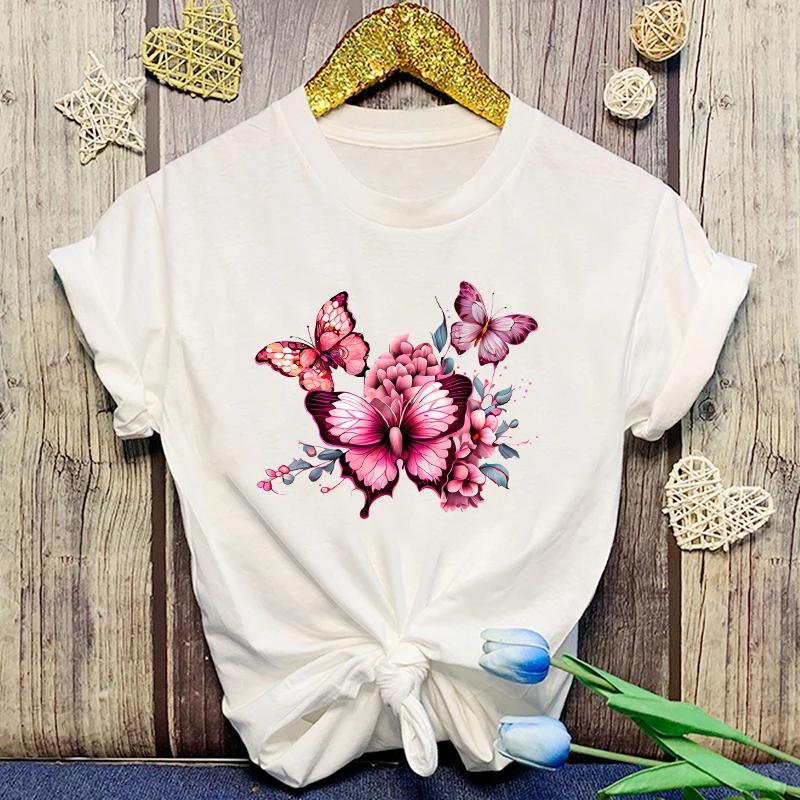 

Flowers Butterfly Print Tshirt Summer Fashion Casual Short Sleeve Round Neck Tops Women/Mens T-Shirts XXXL золотой