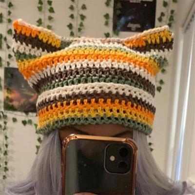 New Handmade Crocheted Color-blocked Bear Ear and Rabbit Ear Hood, Fashionable and Versatile Adult Hat