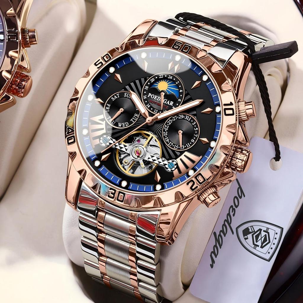 POEDAGAR Luxury Men Watch Luminous Waterproof Hollow Tourbillon Male Clock Week Date Business Automatic Mechanical Watches