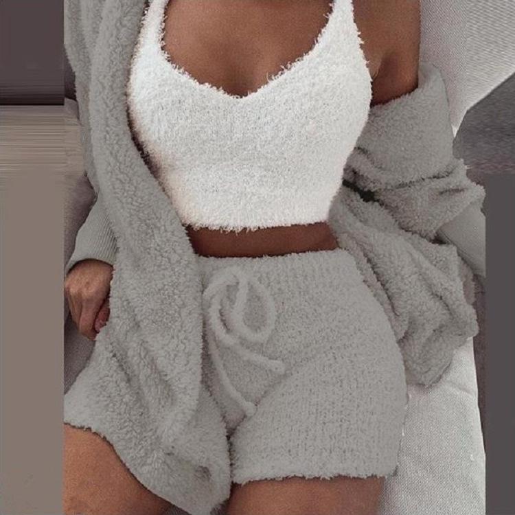 Conjunto de Pijama de Felpa de Invierno para Mujer, Estilo Europeo y Americano, 3 Piezas: Top Corto de Manga Larga, Chaleco y Shorts