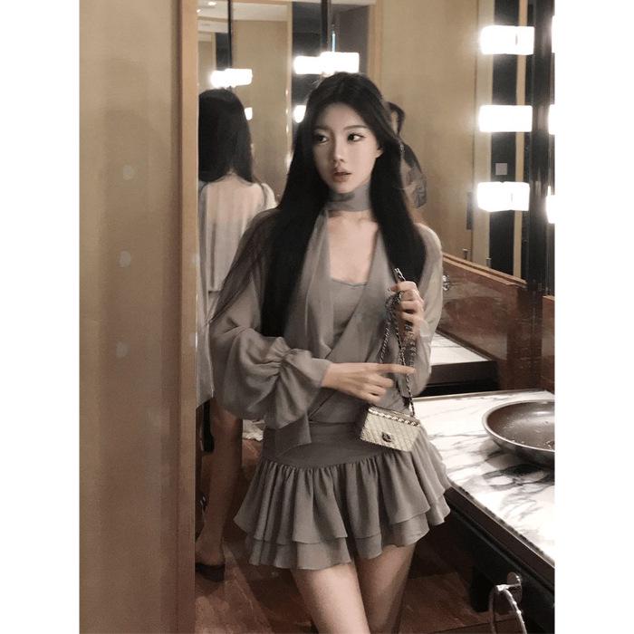 Women s Gray V-Neck Long-Sleeve Autumn A-Line Dress - Socialite Style L серый