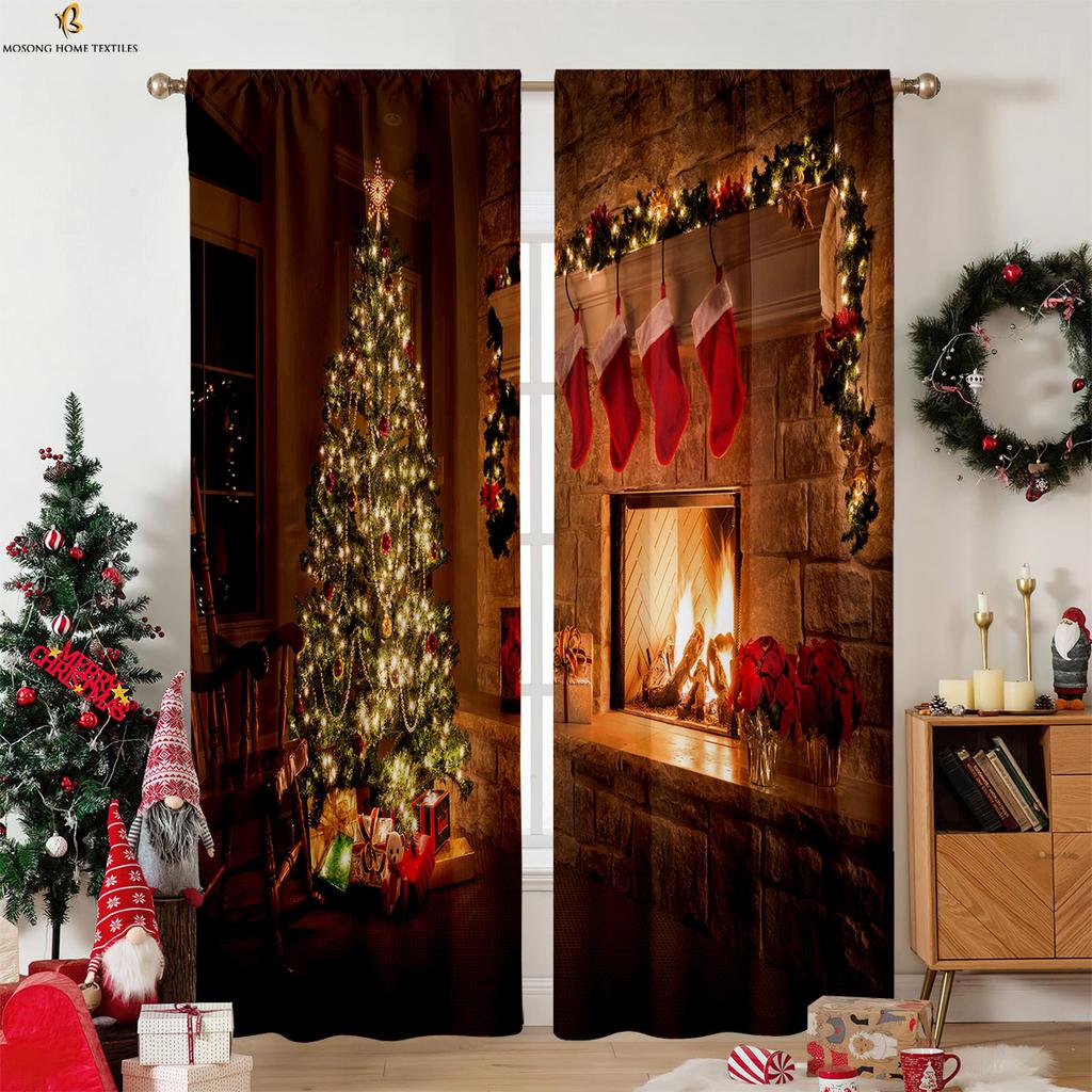 Vintage Red Plaid Christmas Pattern Printed Curtains Fireplace Christmas Tree Decoration Curtains Restaurant Party Decoration