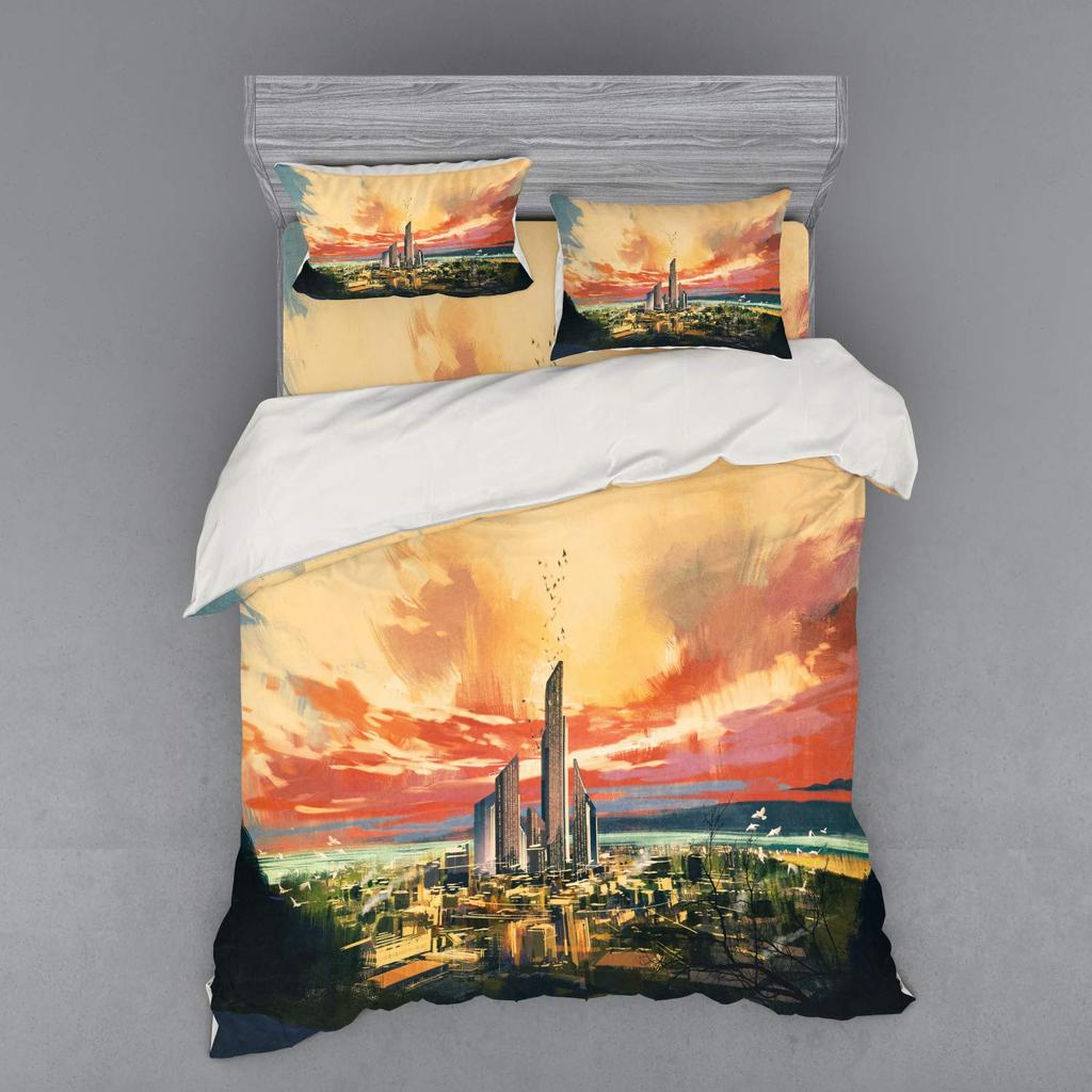 Modern City Duvet Cover Sets For Kids Boys Girls Queen Lightweight Quilt Covers Bedroom Decor Building Bedding Sets No Comforter