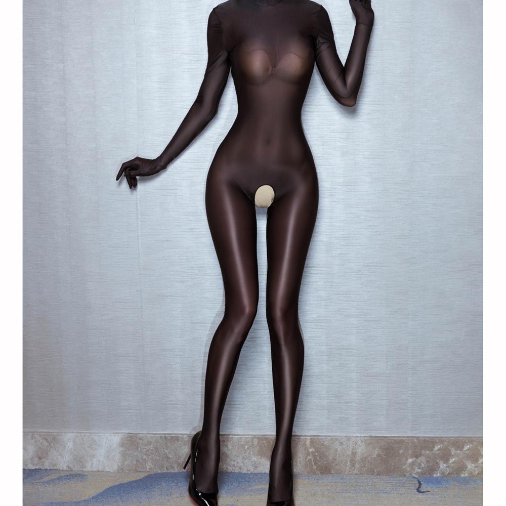 M Xl Separate Finger Nylon Catsuit Glossy Shiny Bodystocking Back Zipper Open Crotch Bodysuit Tights Sexy Leotard Conjoined Body