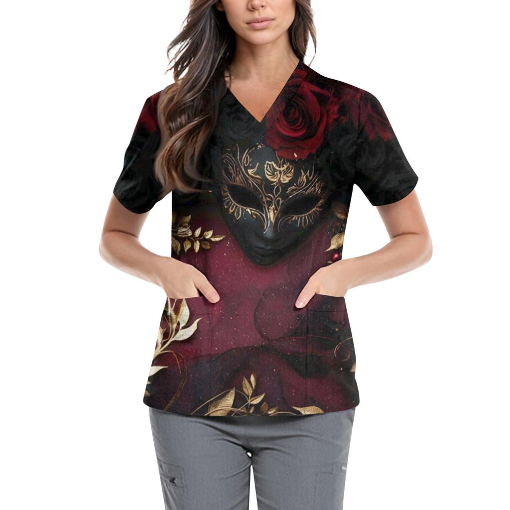 Women's  Carnival Themed Outfit Party Mask Pattern Caregiver Top