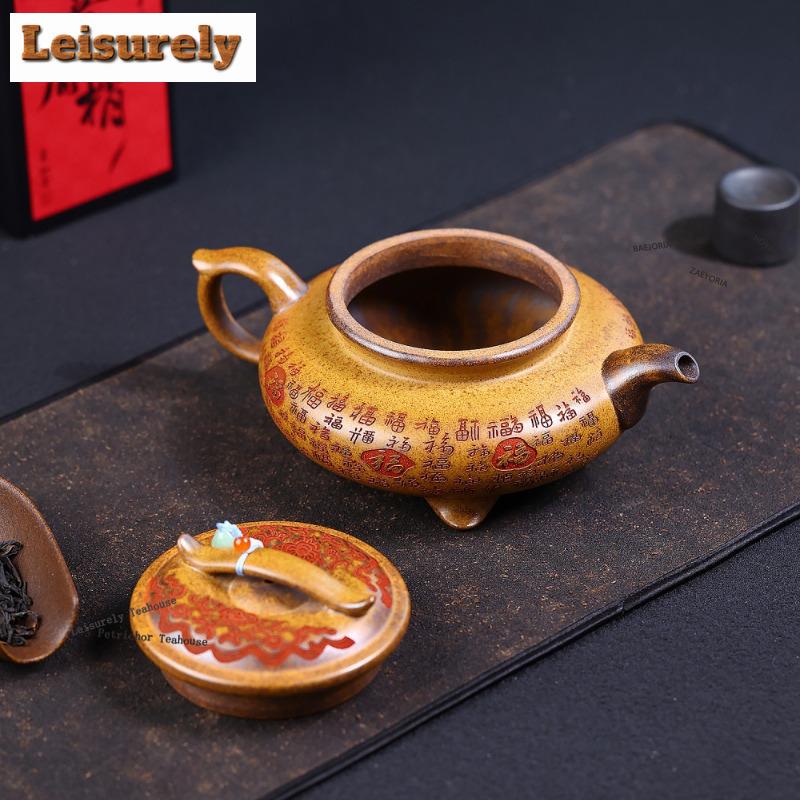 HOYIHM 111ml Luxury Yixing Purple Clay Teapots Handmade Tripodia Pot Raw Ore Dragon Bone Golden Sand Mud Kettle Zisha Tea Set
