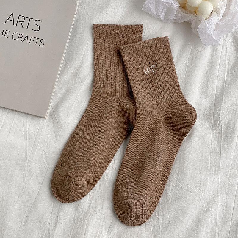 Women's Mid-calf Socks for Spring and Autumn, Heart-shaped Embroidered Cotton Socks, Trendy Women's Socks for Autumn and Winter, Anti-slip Long Socks