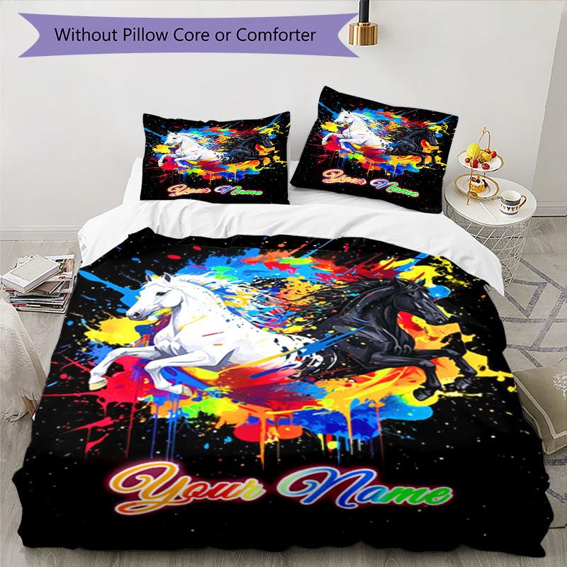 3PC Custom Name Colorful Horse Splash Art Bedding,soft and breathable,2D Flat Print,room decor.,Poster Three-piece set,Soccer Three-piece set,Art,Post