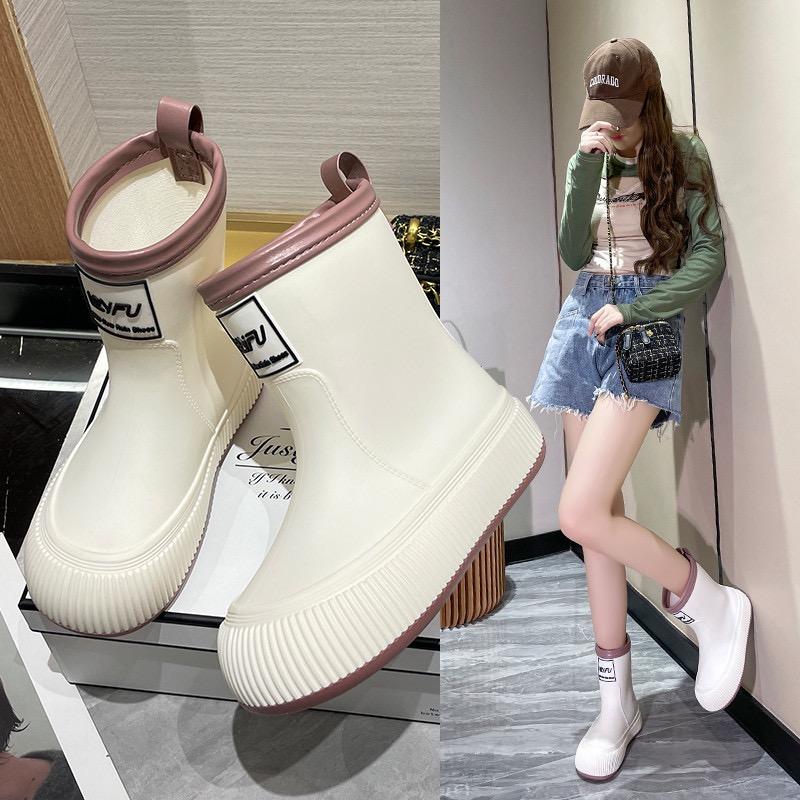Fashion Women's Rain Boots Trendy Mid Calf Rainboots Waterproof Garden Shoes for Women Outdoor Non Slip Rubber Galosh Botas Lluvia Mujer