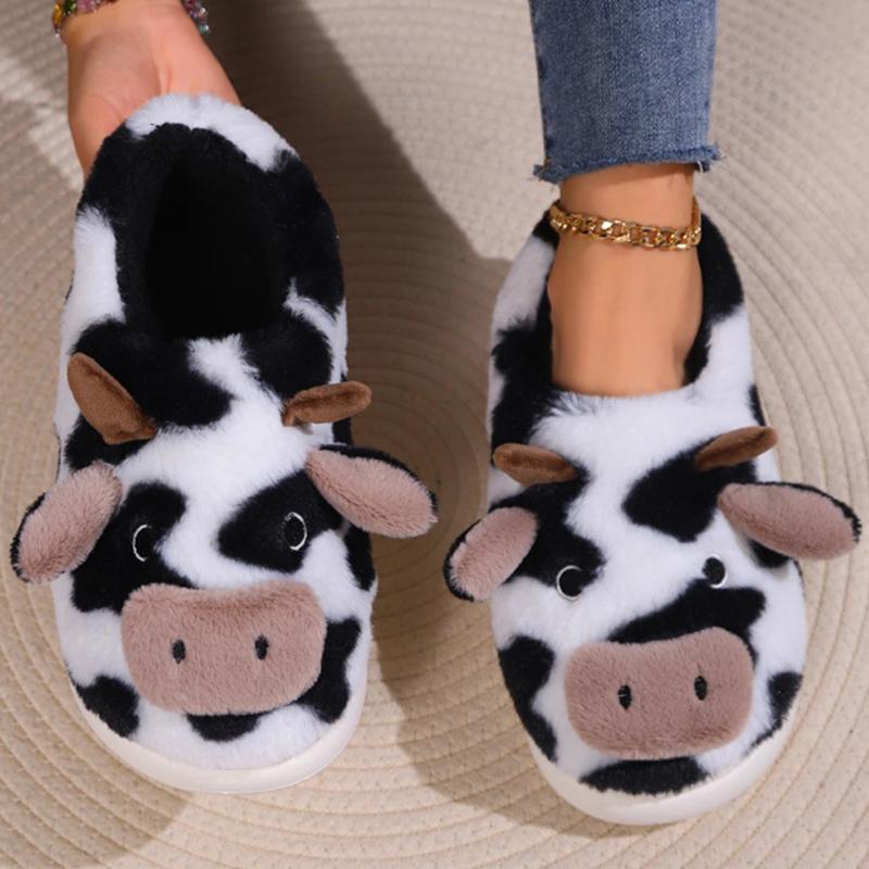 Fashion Lovely Cartoon Cow Fur Slippers for Women Mix Color Faux Fur Plush Slippers Woman Slip On Warm House Cotton Shoes Female
