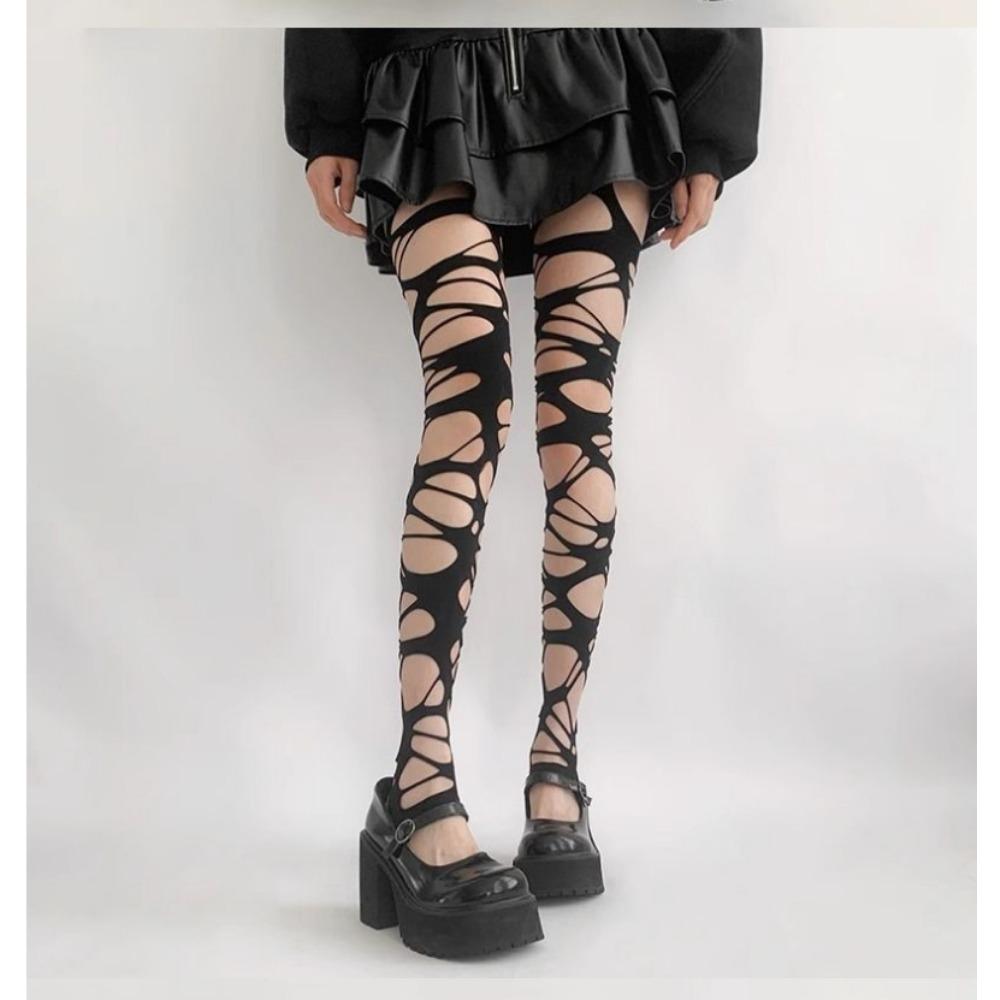 Fishnet Stockings Female Sexy Black Stockings Punk Wind Ripped Bandages Black Silk Knee Socks Irregular Stockings