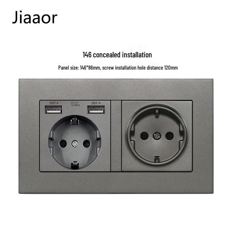 Type 146 Dual USB 16A Two-Gang European Power Socket Panel with German Standard Switch (Concealed)