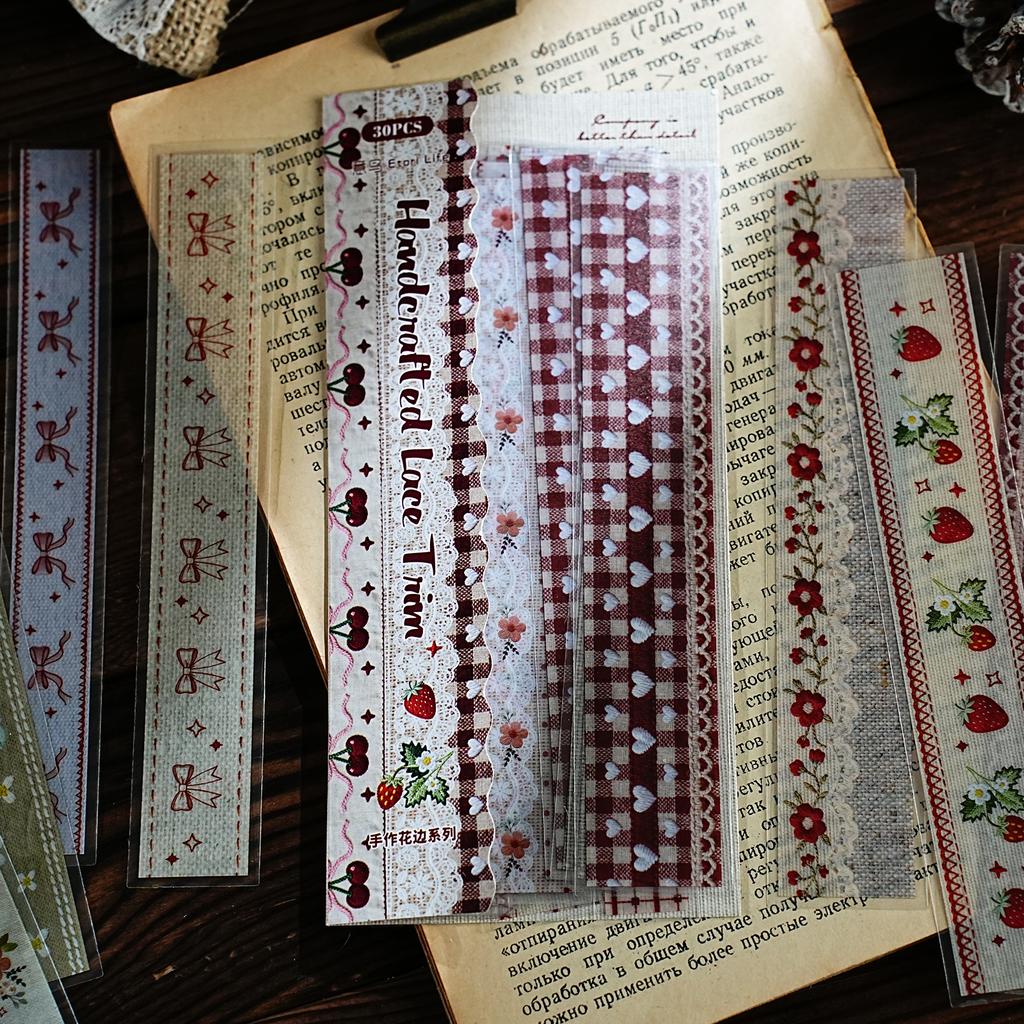30pcs Handbook Lace Series Creative Retro Lace Ribbon Strip Stickers Scrapbook DIY Aesthetic Material Stationery Stickers