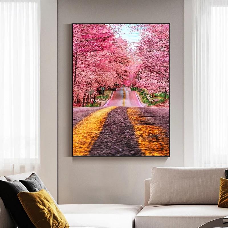 5D DIY Diamond Painting Pink Flower Tree Full Round Diamond Embroidery Cross Stitch Cherry Blossoms Mosaic Kits Decor for Home