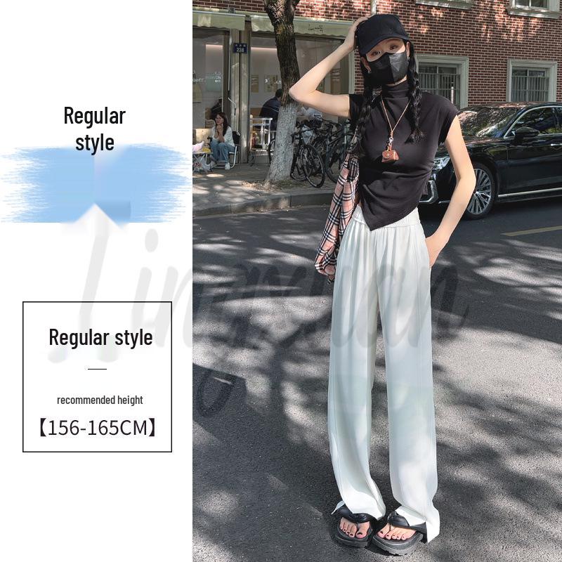 Women s High-Waisted Ice Silk Wide-Leg Pants with Slit Beige Regular