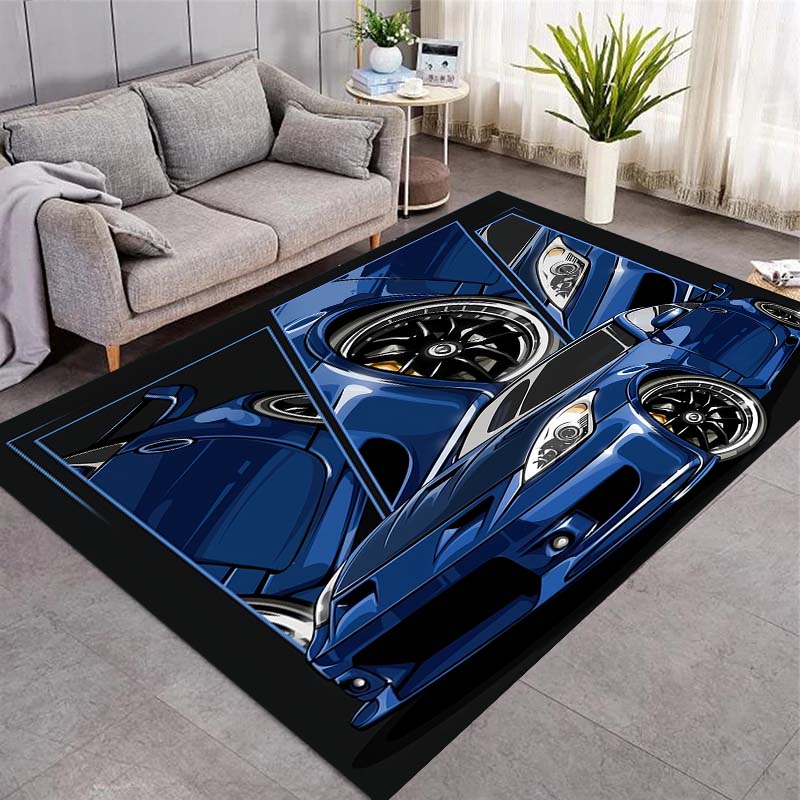 Blue Modified Sports Car Comic Split Panel Print Area Rug Non‑Slip Rectangular Floor Mat Car Fan Decor for Gaming Room Living Bedroom