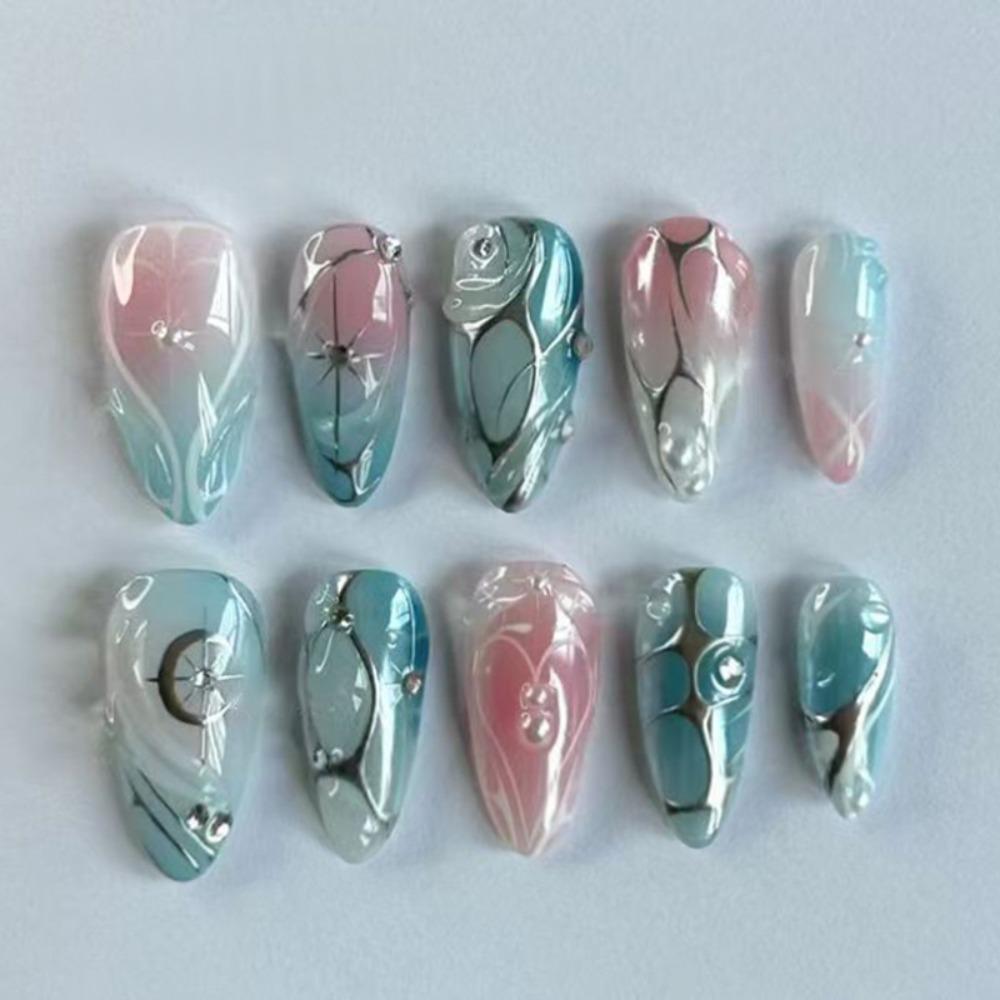 24pcs Manicure Long Almond False Nails Gilded Flower Pearl French Fake Nials Detachable Star Bow Press on Nails Women