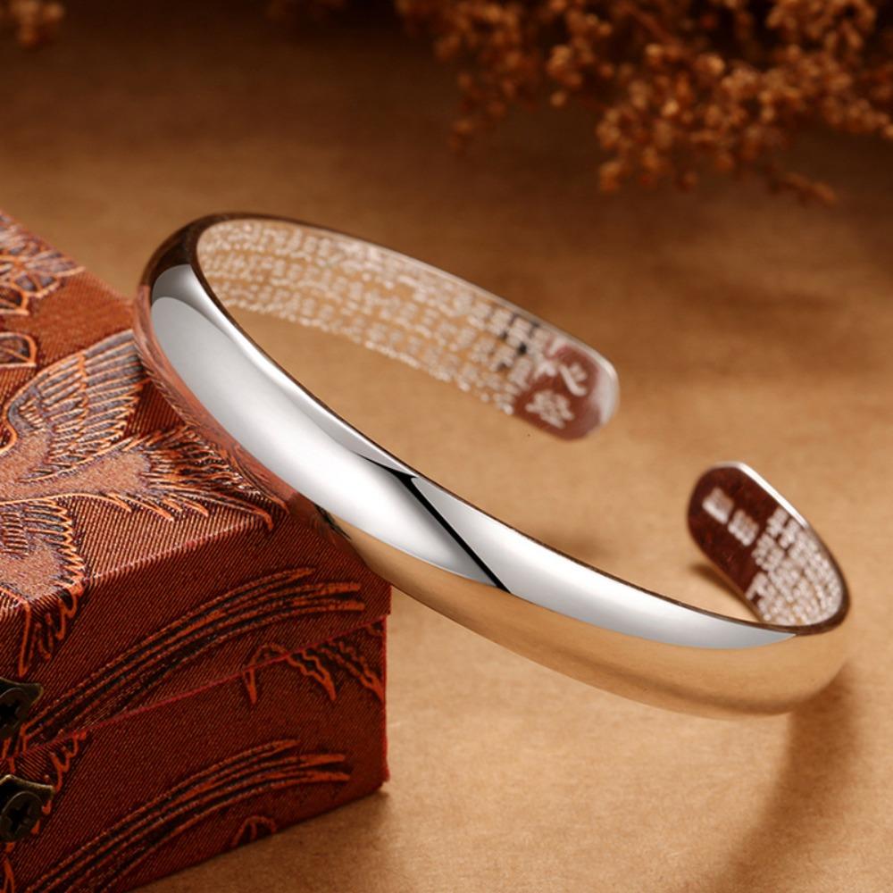 

Silver Plated Heart Sutra Bangle Minimalist Fashion Smooth Bracelet Ethnic Open Cuff Silver Jewelry