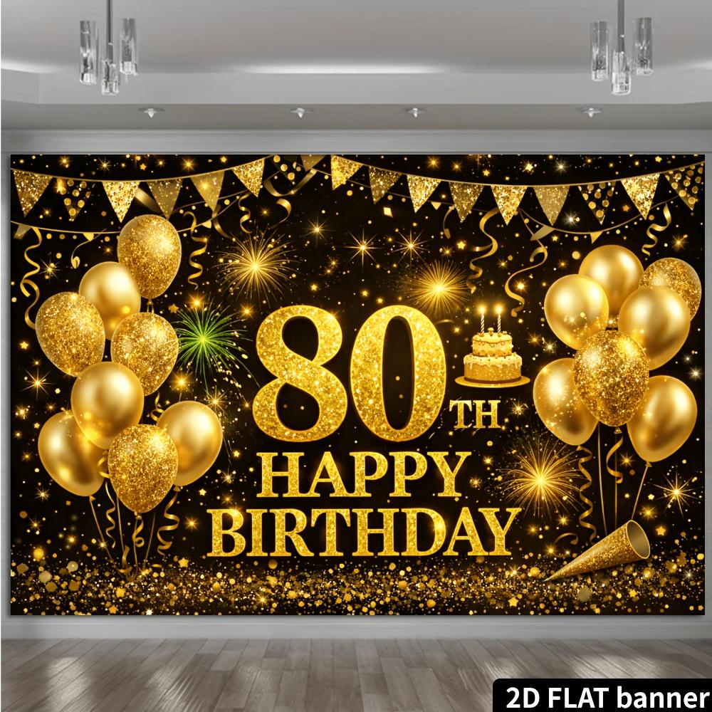 2D plane 80th birthday party banner background fabric - black and gold glitter theme family gathering