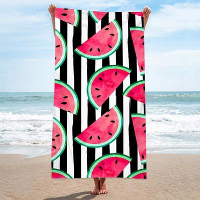 Summer Watermelon Printed Beach Towel with Black and White Stripes, Ultra-fine Fiber Beach Towel, Absorbent Quick Drying