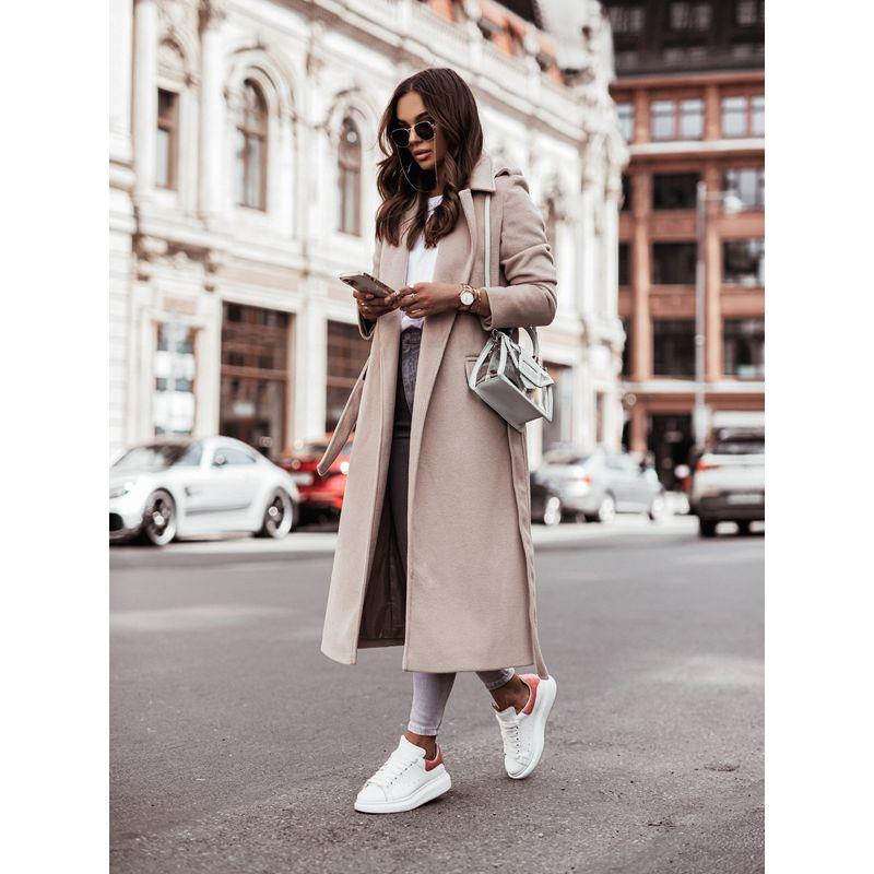 Ladies Fashion Lace-up Coat Autumn and Winter Simple Khaki Long sleeve V-neck Strap Woolen Jacket