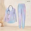 Women Plus Size Pink Purple Printed Nurse Scrub Set V Neck Long Sleeve Pocket Top And Long Pants