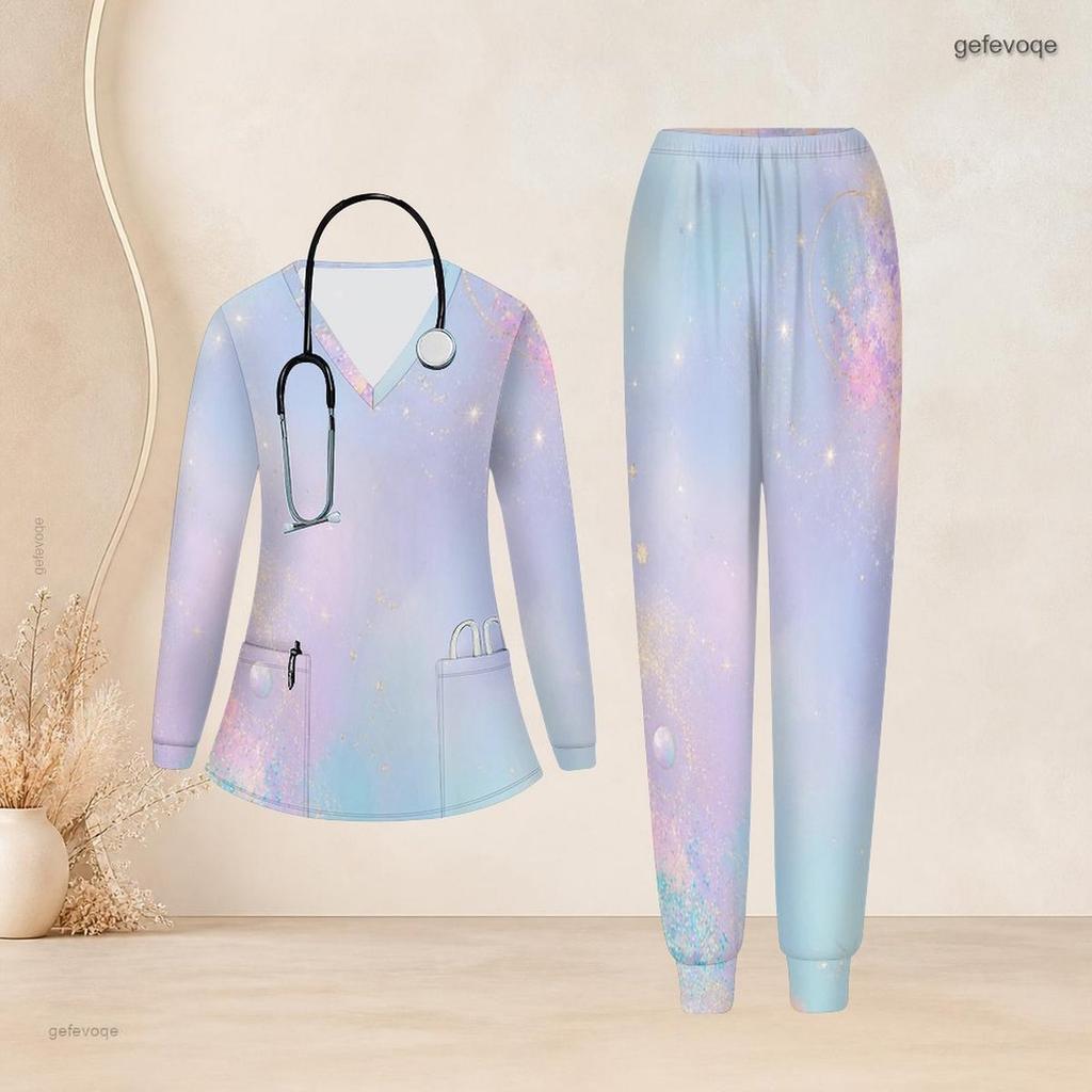 Women Plus Size Pink Purple Printed Nurse Scrub Set V Neck Long Sleeve Pocket Top And Long Pants
