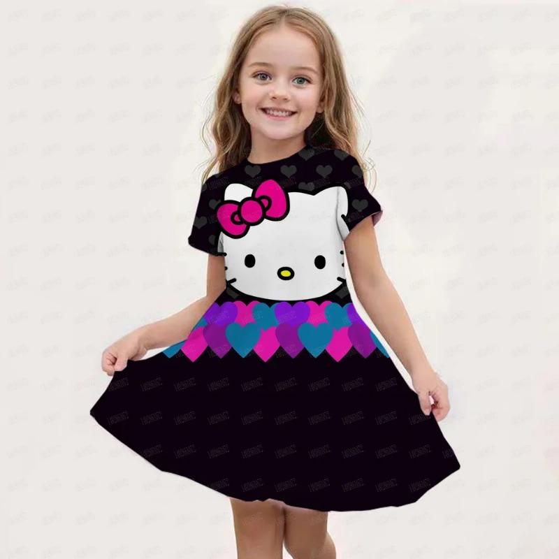 New Summer Girls Dress Fashion Cartoon Cute Cinnamoroll &Hello Kitty 3D Printing Dress Kid Short Sleeve Princess Clothing