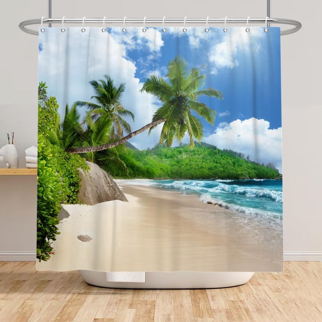 Beach Vacation Shower Curtain Tropical Palm Trees Ocean Waves Starfish Sandy Shore Pattern Waterproof Polyester Bathroom Decor