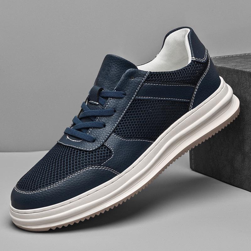 New Men's Breathable Mesh White Sneakers: Thick Sole, Round Toe, Lace-Up, Versatile for Casual and Work Wear