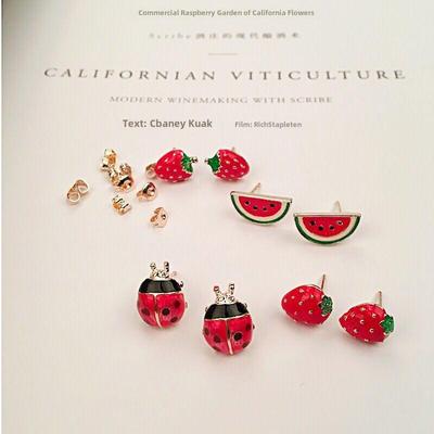 E924 Trendy Korean Earrings: Strawberry, Watermelon, Ladybug, Red Oil Drop Design for Women