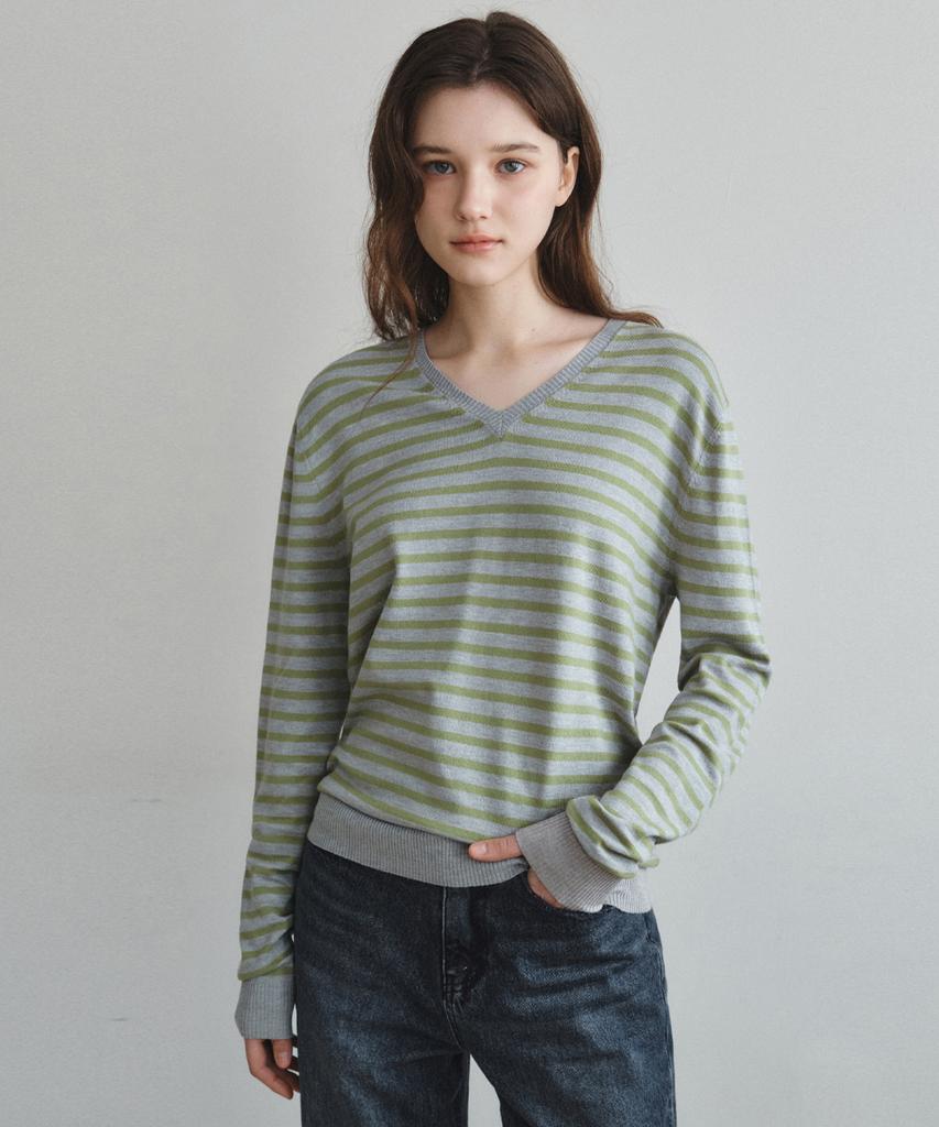 Wednesday Oasis For Woman Washable Mild Stripe V-Neck Knit_Gray(Wc26Kn11)