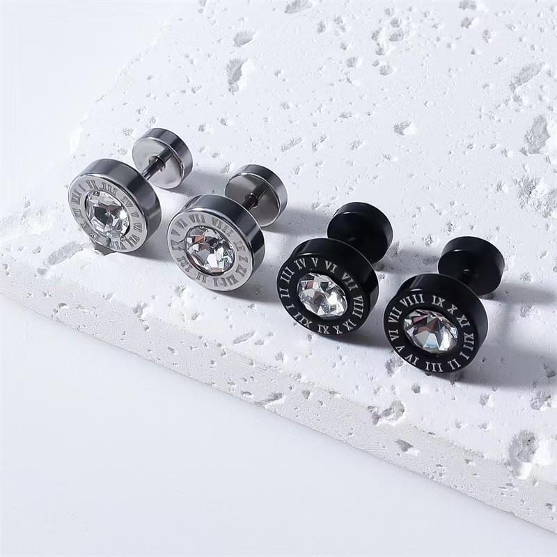 Men's stud earrings punk style personality black titanium steel stud earrings hip hop high sense trendy men Roman digital earrings
