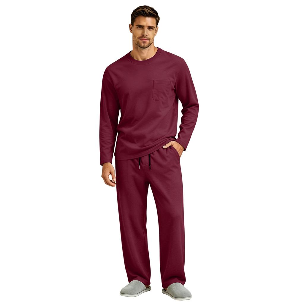 Men's Long Sleeve Pajama Set with Button Fly and Elastic Drawstring Waist for Sleep and