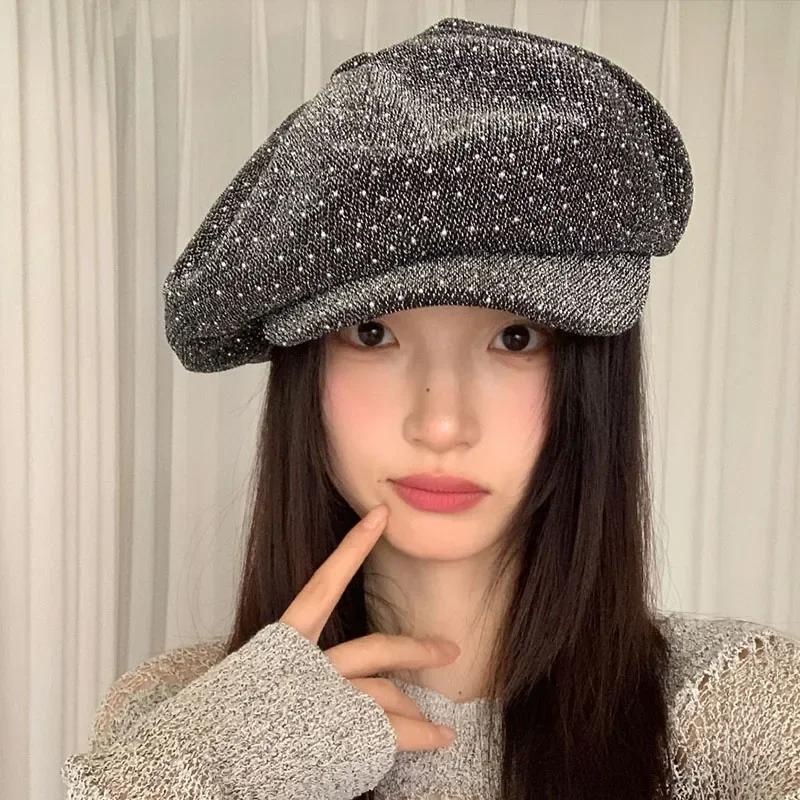

Korean Fashion Mixed Color Sequined Cloud Octagonal Hat Women s Spring and Autumn Niche Large Version Sunshade Newsboy Cap 56-58cm сірий