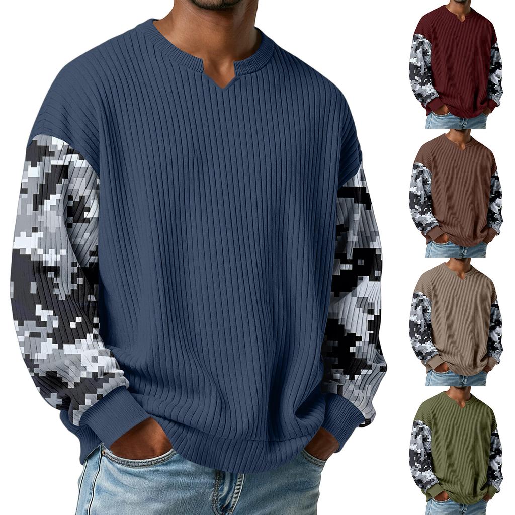Men's Camouflage Stylish V-Neck Ribbed Textured Long-Sleeve T-Shirt
