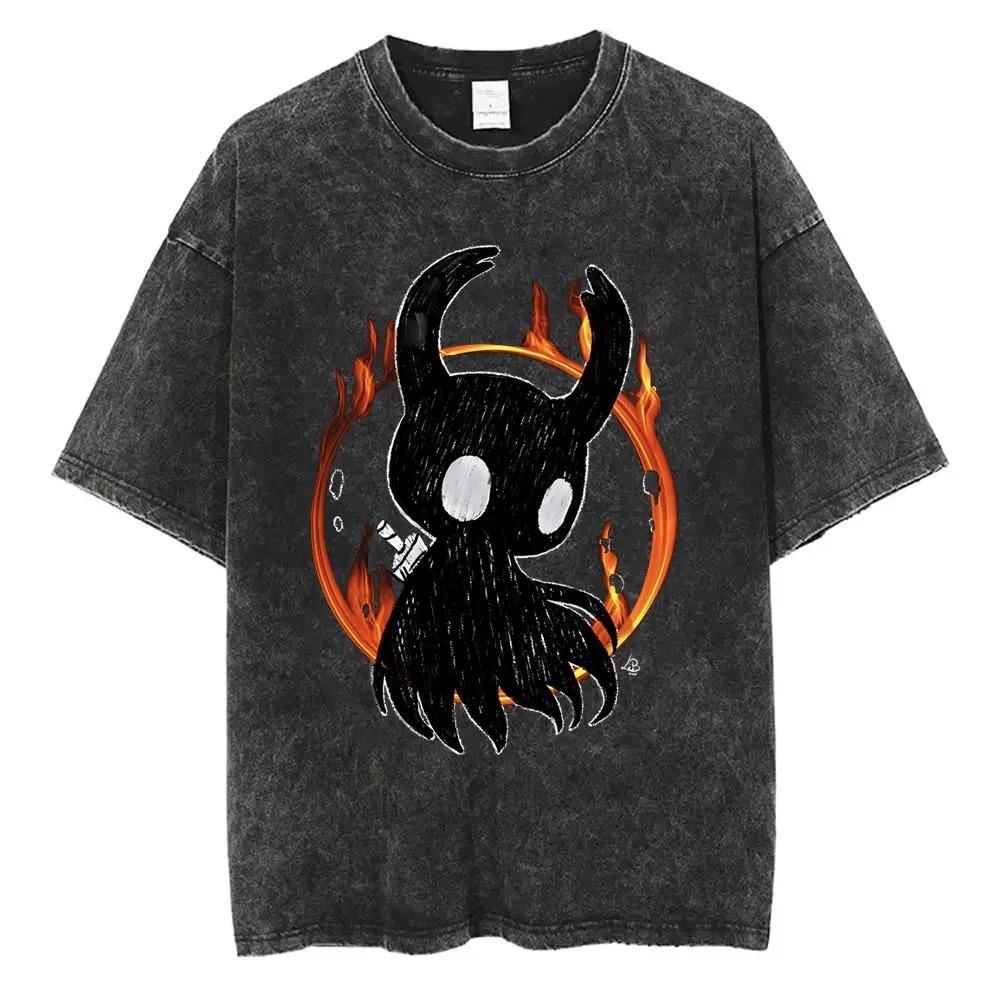 Magliette Hollow Knight Stampa Vintage Lavata Magliette Regali per Fan Uomo Donna Top Moda Casual Manica Corta Oversize