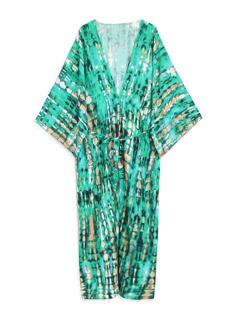 EDOLYNSA Bohemian Tie Dye Striped Bikini Cover-ups Long Tunic Sexy Kimono Dress Women Plus Size Beach Wear Swim Suit Cover Up Q1314
