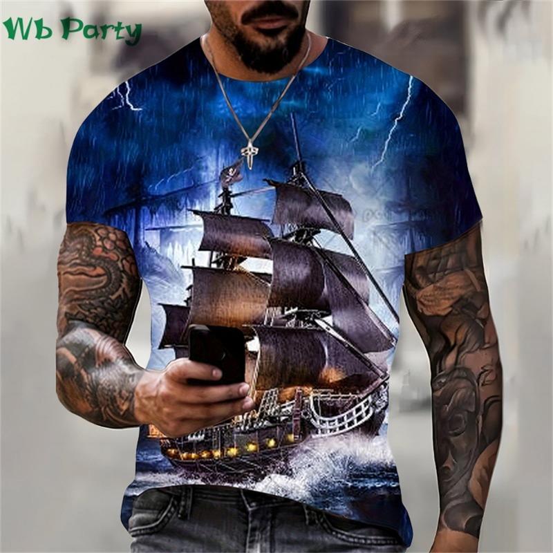 Pattern Print Mens Clothing T Shirt for Men Short Sleeve Tee Gym Clothing Men Male T-shirt Pirate Ship Print Clothes