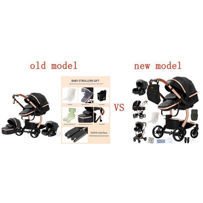 BAZARLAND30. Kočárek 3 v 1 pro miminka Kombinovaný Autosedačka Hluboká korbička Trio Oboustranný PU kůže Nepropíchnutelné kola Rukojeť.ČERNÁ