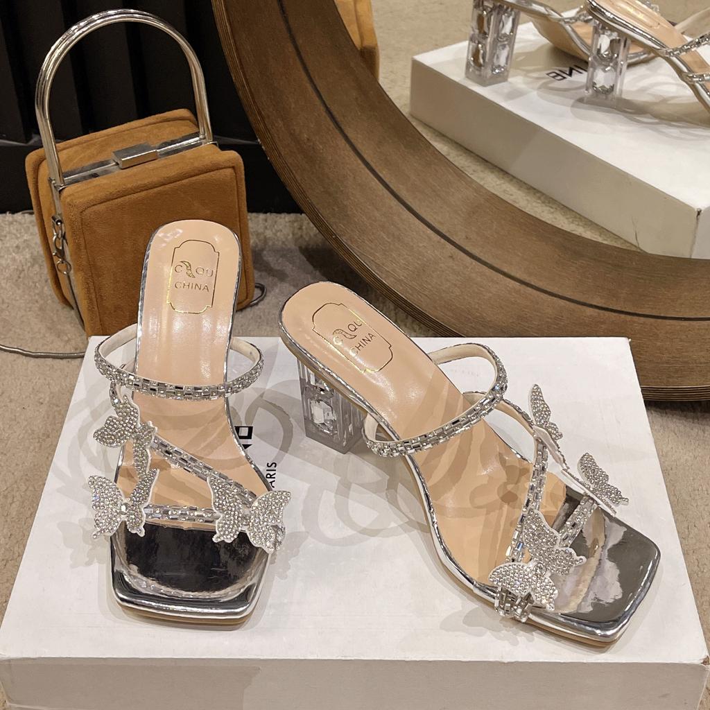 Summer new butterfly crystal outer wear high-heeled slippers versatile daily
