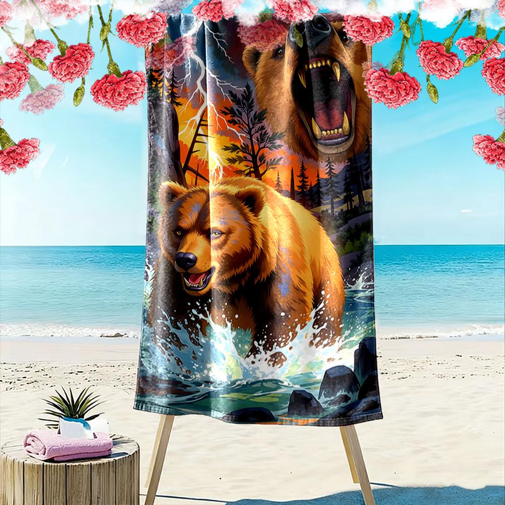 Fierce Roaring Bear Backdrop Print Beach Towel, Quick Drying, Suitable for Travel, Outdoor Sports, Jogging, the Beach and Swimming, Gift