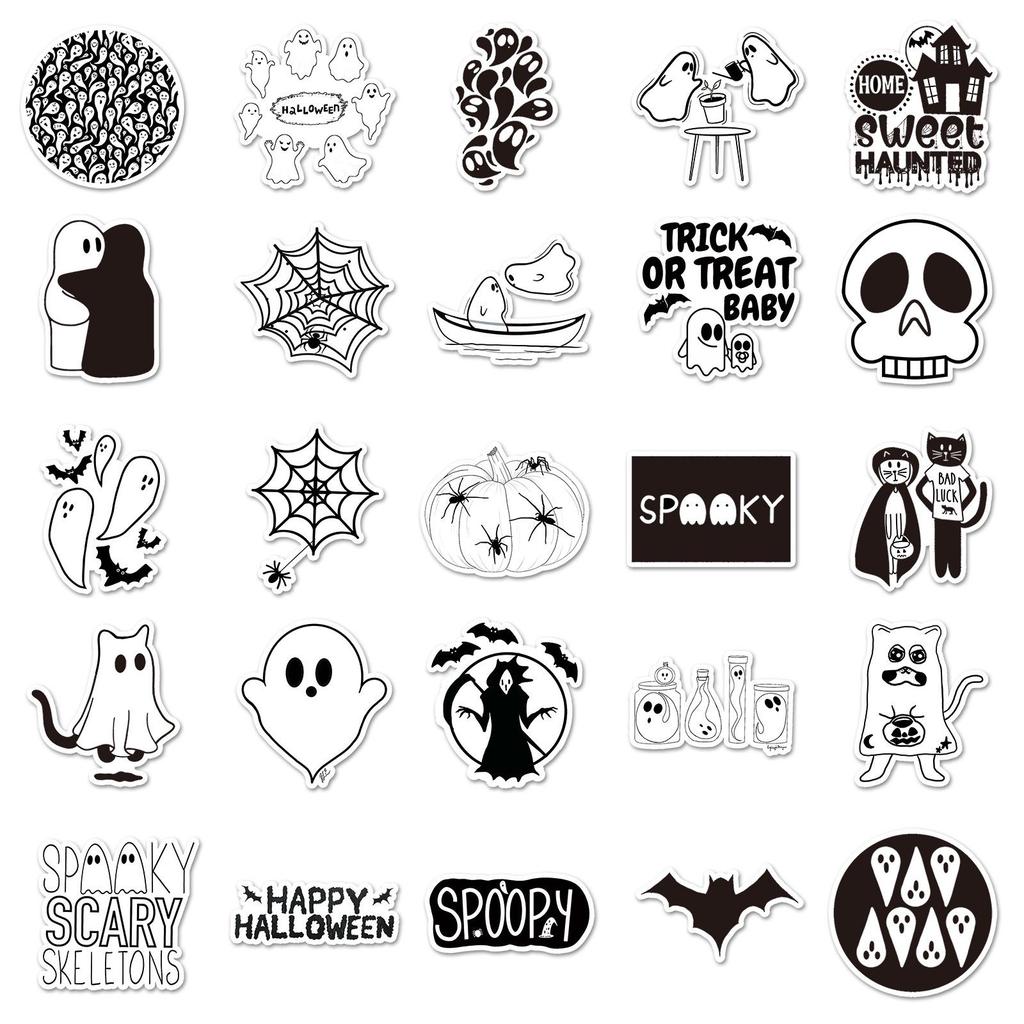 50 Schwarz-Weiß Halloween-Aufkleber: Cartoon Gruselige Q-Version für DIY-Notizbuch-, Tagebuch- oder Kofferdekorationen (50 Blatt)