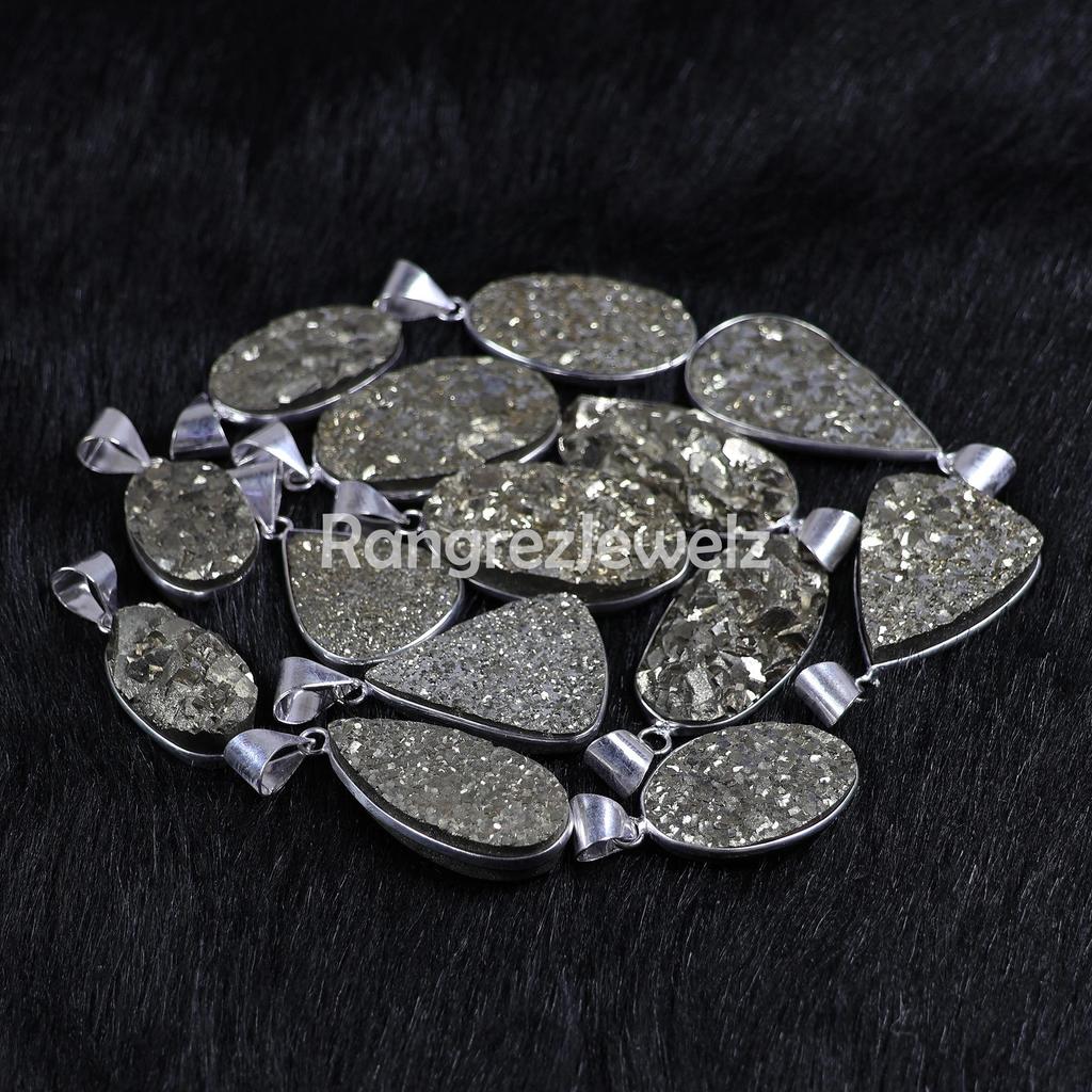 Pyrite Druzy Pendant Sterling Silver Pendant Rough Pyrite Pendant Bezel Pendant Mix Shape Pyrite Gemstone Pendant Gold Pyrite Necklace Jewelry