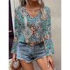 Plus Size Women's New Autumn Printed V Neck Long Sleeved Top