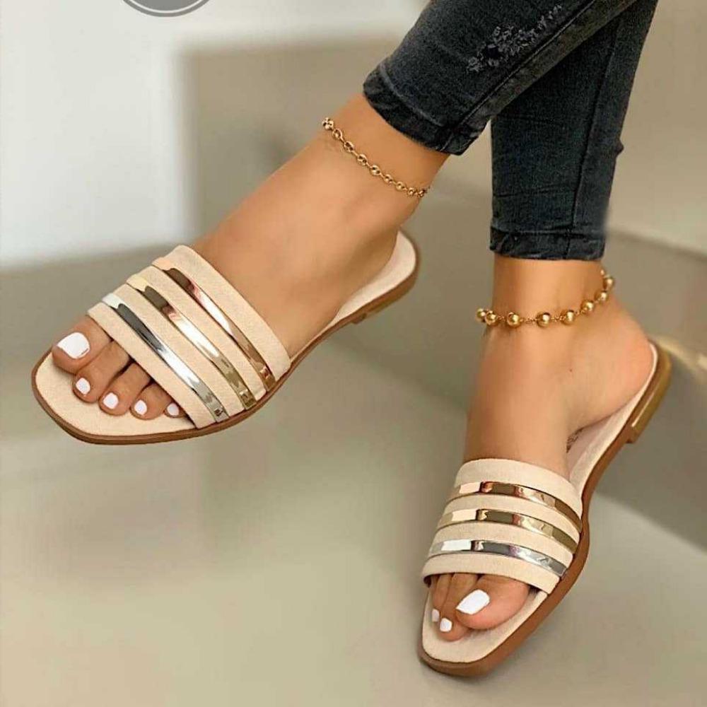 Women Slippers New Metal Striped Summer Flat Shoes Fashion Slip on Slides Outdoor Female Casual Women Sandals Plus Size