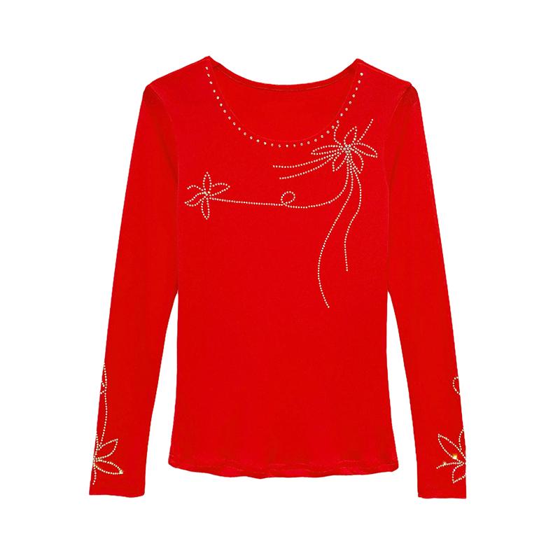 Spring Autumn Women's Hotfix Rhinestone T-Shirt Elegant O-neck Full Sleeve Tees Slim Ladies Tops