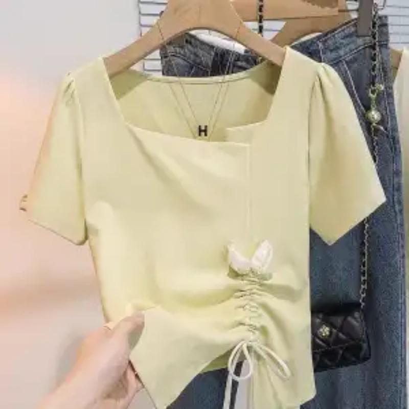 

Womens Solid Color Square Neck Drawstring Short Sleeve Top M зелений