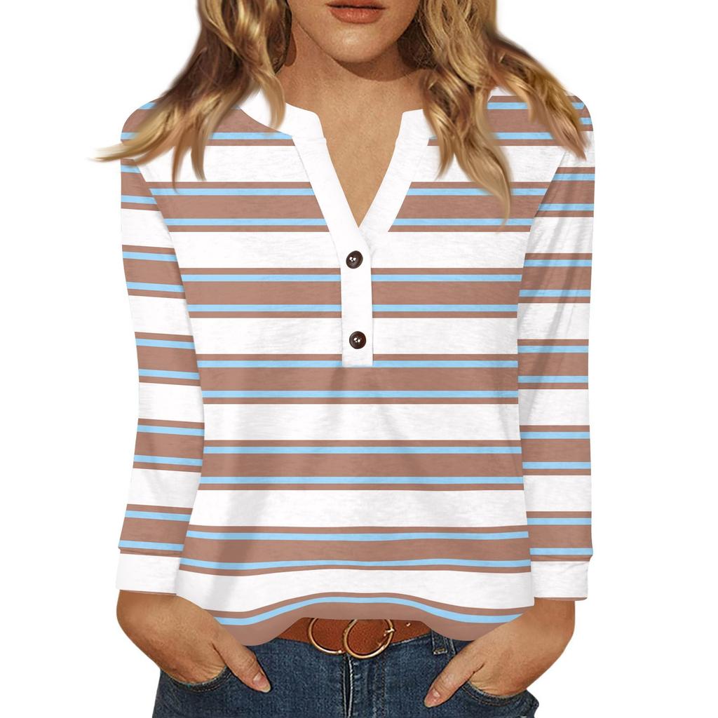 Dámské tričko s potiskem, knoflíky, dlouhý rukáv, denní, víkendová móda, základní, výstřih do V, běžný top