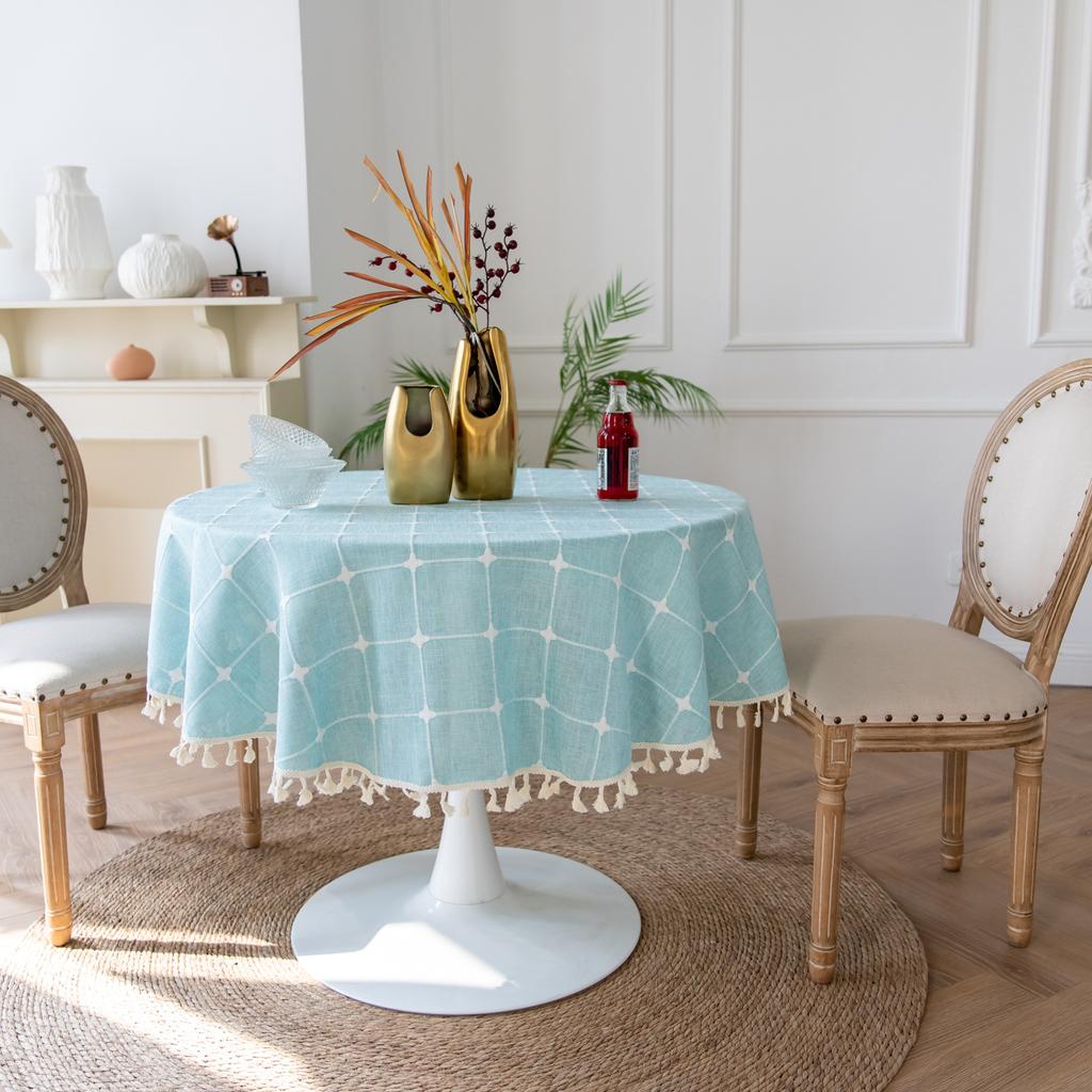 Baumwolle Leinen Runde Tischdecke, Boho Waschbare Karierte Tischdecke mit Quasten Bauernhaus Rustikal Tischdecken für Party Hochzeit